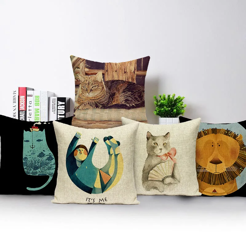 

Cute Cat Linen Pillow Case Lion Bear Cushion Covers Cat Cushion Cover Decorative 45*45cm