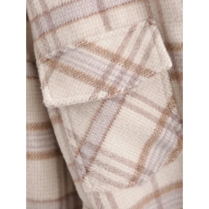 

Autumn Winter Contrast ColorPlaid Woolen Coat Loose Casual Thickened Warm Women Long Woollen Overcoat With Belt