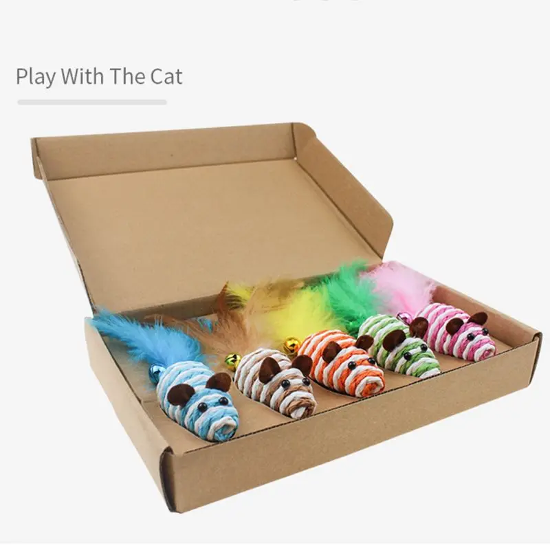 

5 Pcs/Set Interactive Pet Toys Stick Wand Feather Bell Sisal Mouse Mice