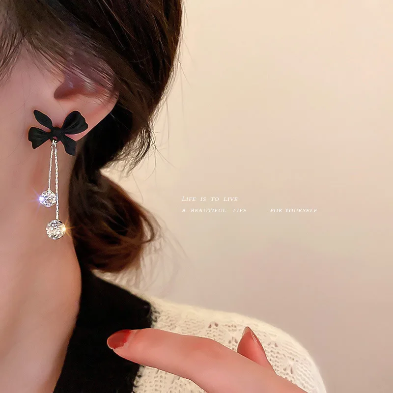 

925 silver needle inlaid diamond paint bow tassel earrings flash diamond temperament earrings sweet fashion earrings