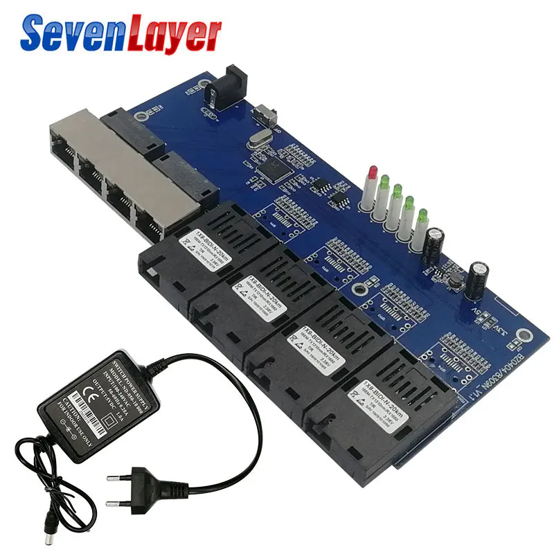 with power supply Коммутатор эфирной сети 4 RJ45 4 SC оптический медиа конвертер одномодовый волоконно-оптический Порты и разъёмы 10/100 м PCBA - Цвет: with power supply