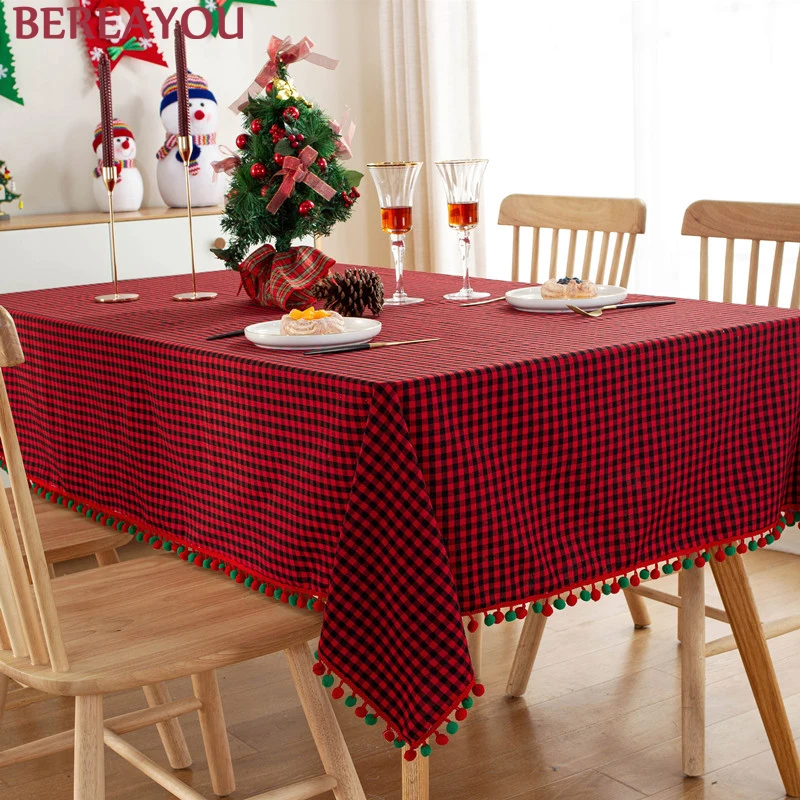 

Nordic Table Cloths Christmas Table Cover Kitchen Living room Home deco Rectangular Tablecloth Red Tassel Polyester Cotton Cloth