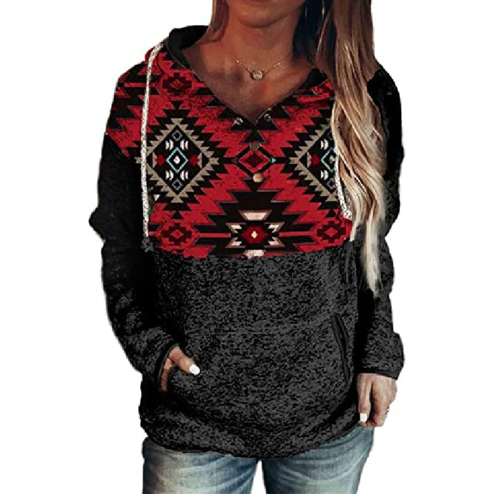 

Casual Women Hooded Pocket Knitwear Geometry Printing Knitted Long Sleeve Spring Autumn Ladies Female Sweater V Neck Pullover