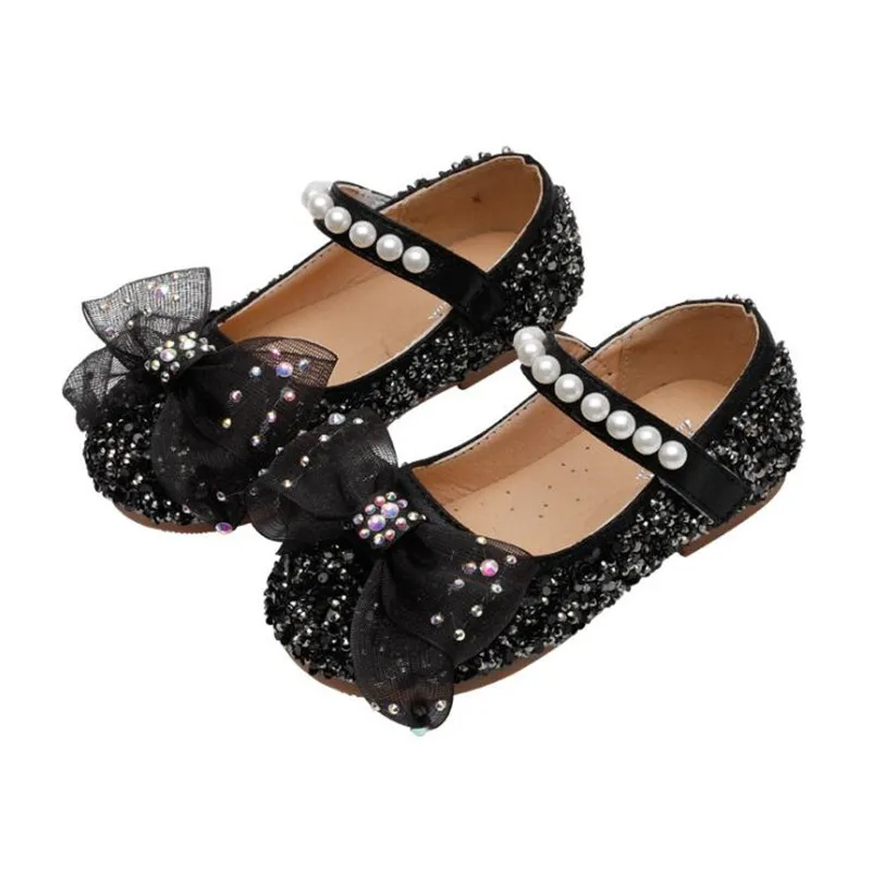 

2021 Spring Summer New Children's Shoes Girls Fashion Bows Children's Simple Sequined Pearls Princess Non-slip Shoes