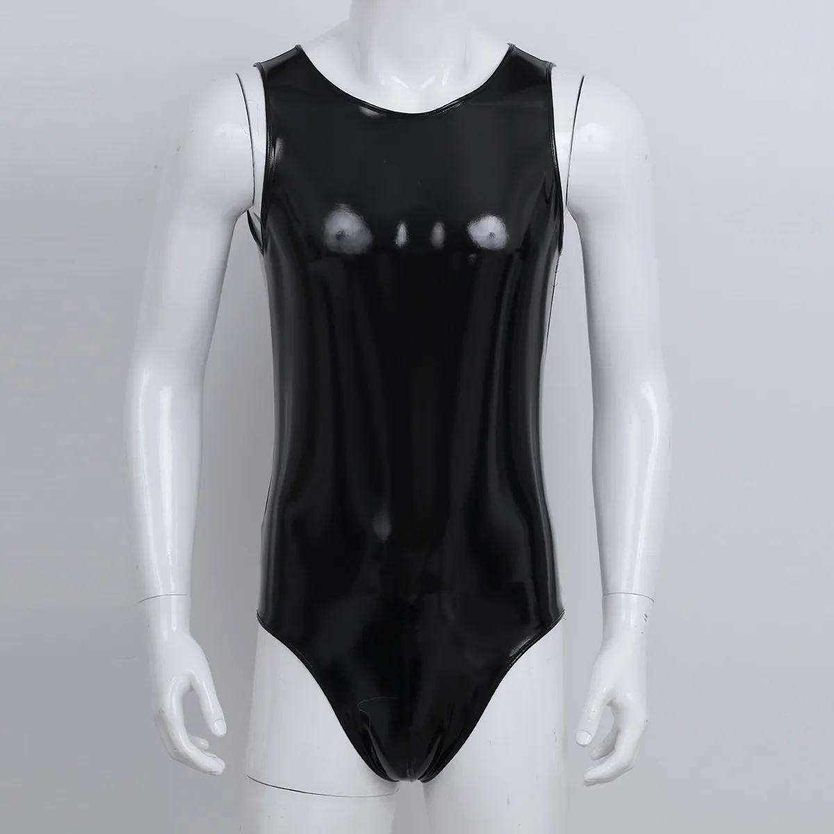 Мужской латексный боди сексуальный клубный костюм Wetlook из искусственной кожи Цельный купальник без рукавов на спине с комбинезон на молнии комбинезон