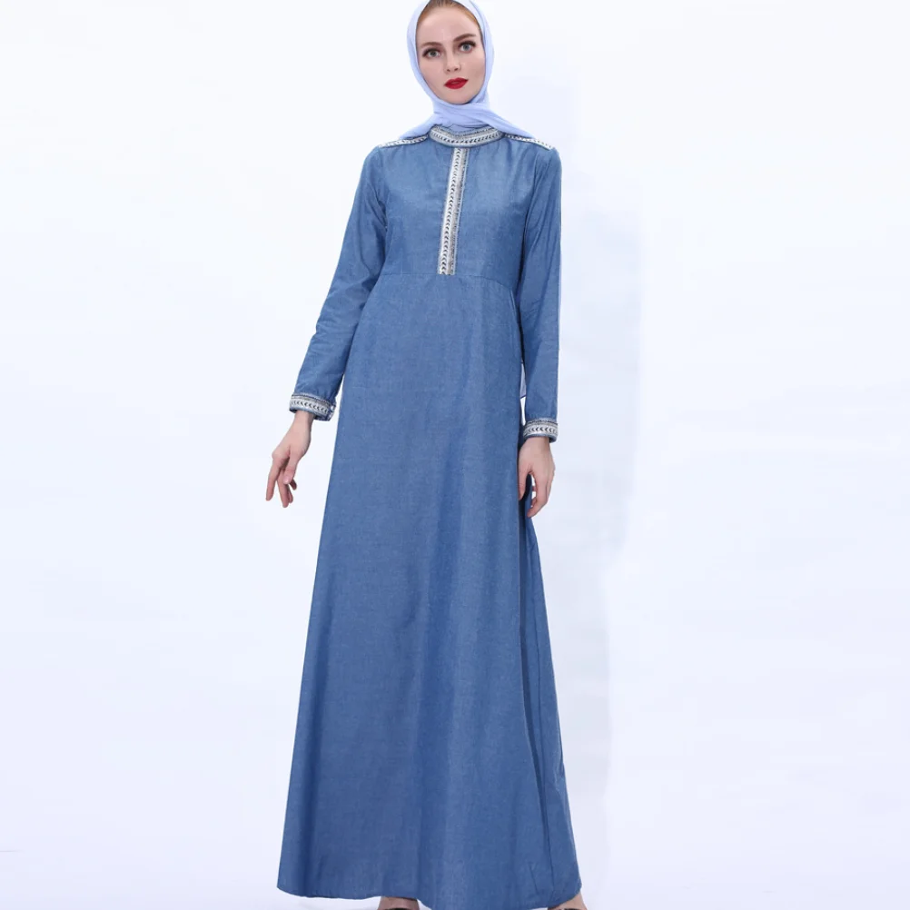 Женское длинное джинсовое платье, профессиональное мусульманское платье с маленьким воротником-стойкой, весна 2021