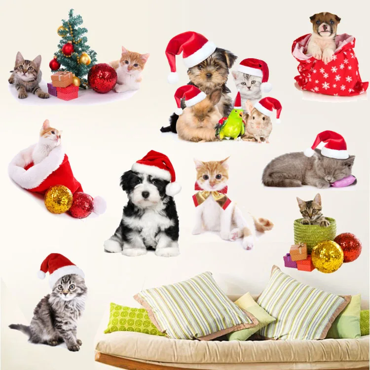 

Christmas Dog and Cat Wall Stickers 3D Dogs Cats Wall Decals Home Decor Wall Sticker For Bedroom Christmas Party Decorations