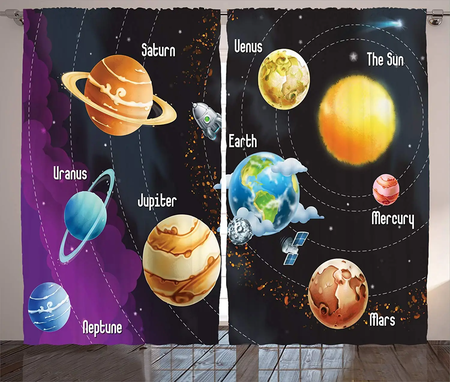 Outer Space Curtains Solar System of Planets Milk Way Neptune Venus Mercury Sphere Horizontal Living Room Bedroom Decor