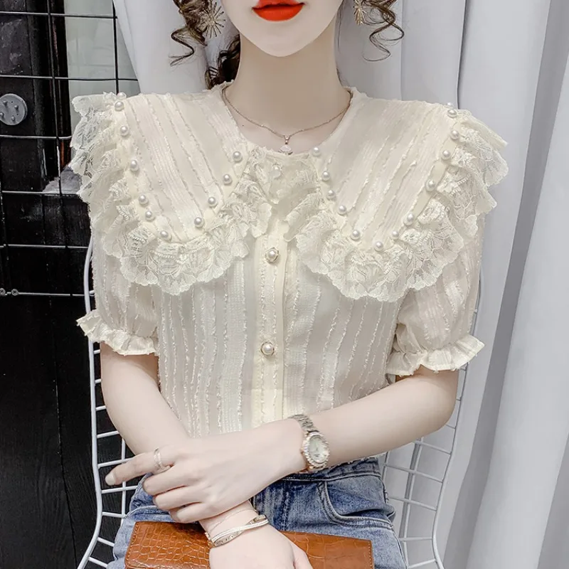 

Summer Pearl Beading Blouse Short Sleeve Office Chic Ladies Shirt White Fashion Clothing Party Spring Blouses Women Top Chemise