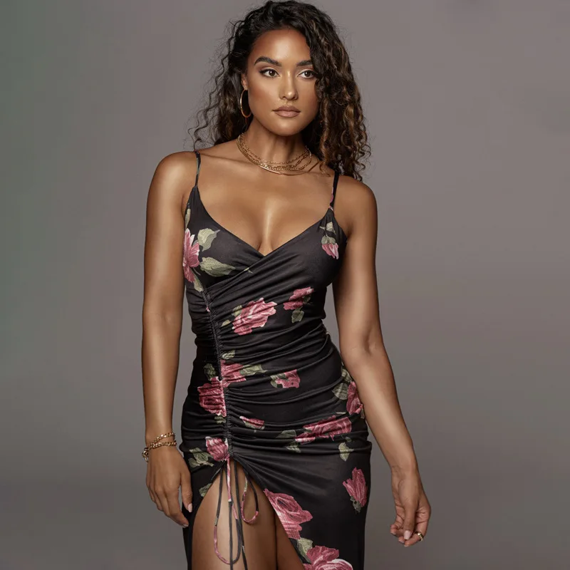 

Black Print Camisole Folds Sexy Dresses Lace Split Woman Satin Elegant Casual Bandage Dress Nightclub Birthday Party 2021 Summer