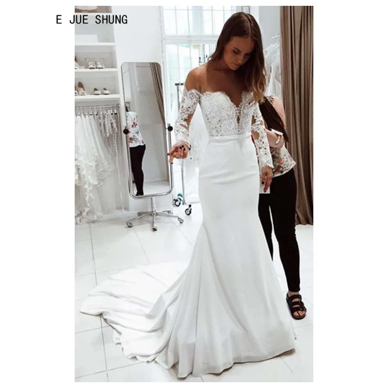 

E JUE SHUNG Simple Satin Mermaid Wedding Dresses Sheer O-Neck Long Sleeves Bridal Wedding Gowns Lace Up Back vestido de noiva