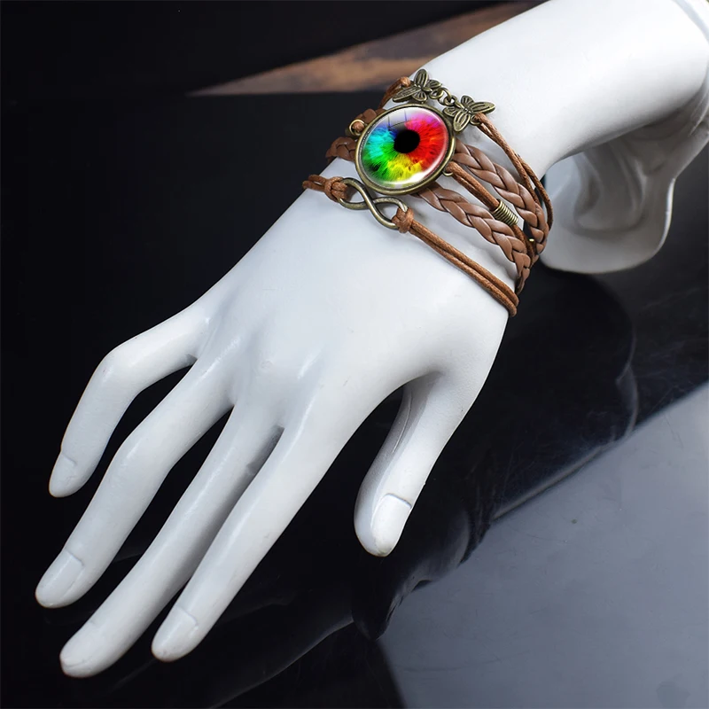 Браслет с радужными глазами ручной работы черные и коричневые кожаные плетеные