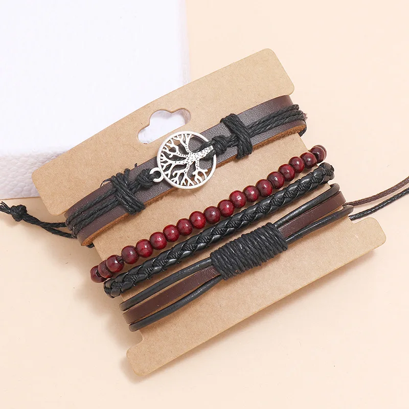 

AJC Men's leather bracelet simple braided leather bracelet happiness tree DIY combination set of decorative bracelet