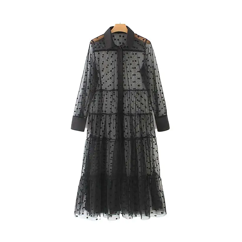 Хит женское стильное платье рубашка в горошек лоскутное Прозрачное миди с