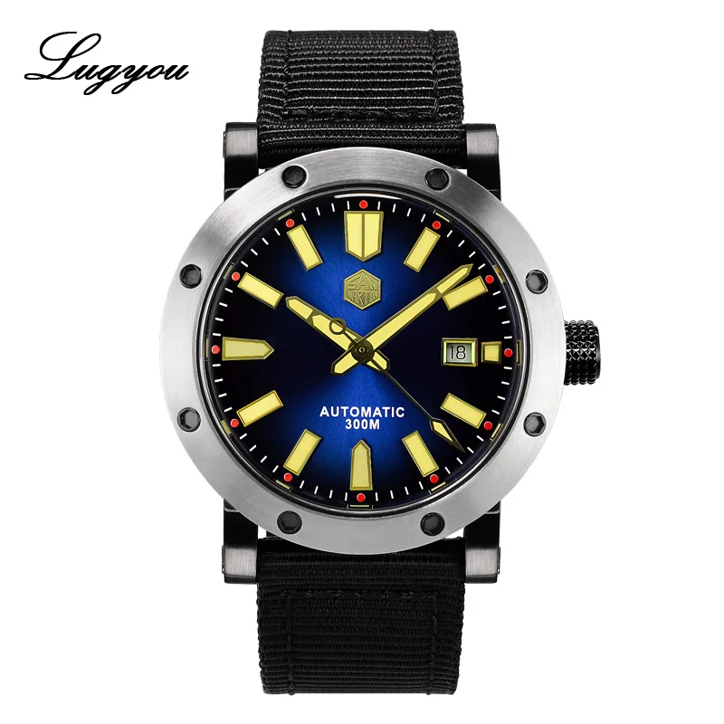 Black Plated SW200 Lugyou San Martin мужские часы из нержавеющей стали механические PT5000 Водонепроницаемые Синие швабры прозрачные черные нейлоновые ремешок светящиеся стрелки - Цвет: Black Plated SW200