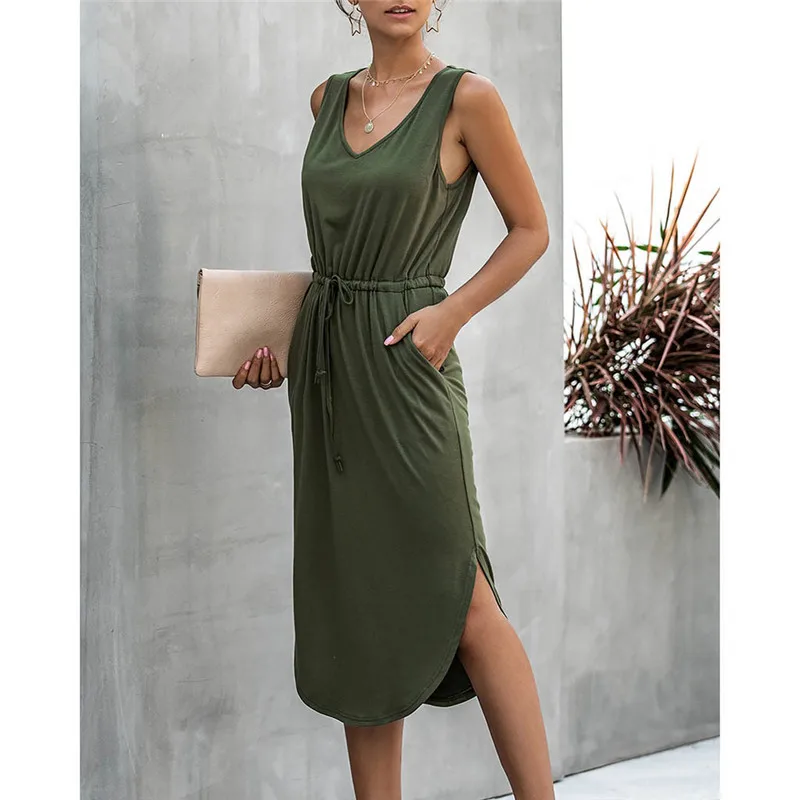 Женское Повседневное платье с бантом летнее однотонное без рукавов круглым