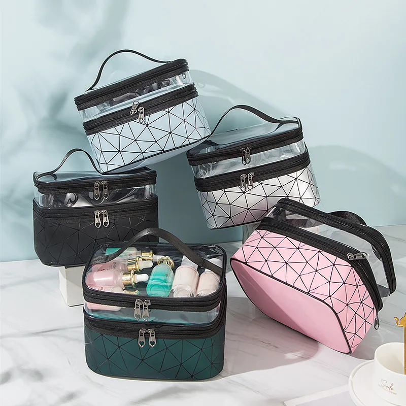 

Double Layer Large Capacity Portable Cosmetic Bag Compartment Travel Storage Bag Transparent Makeup Pouch Toiletries Organizer