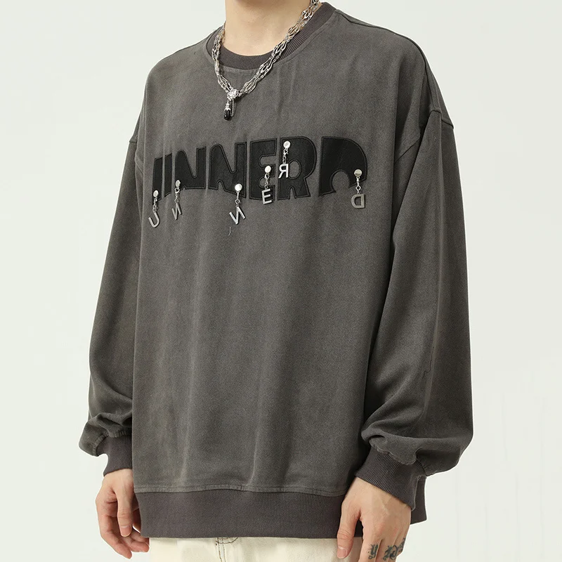 

Men's 2021 Autumn New Round Collar Sweatshirt Korean Tide Metal Chain Buckle Design Ins Fashion Letter Loose Pullover Top