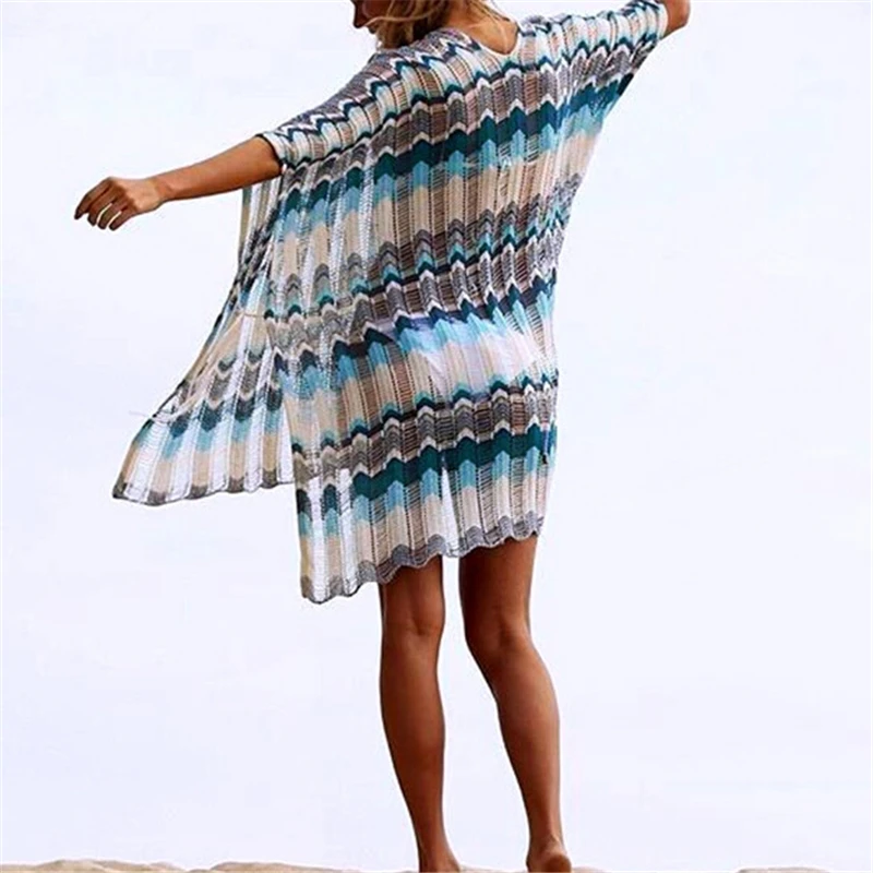 Летнее женское пляжное платье в полоску вязаное крючком для купания Пляжное