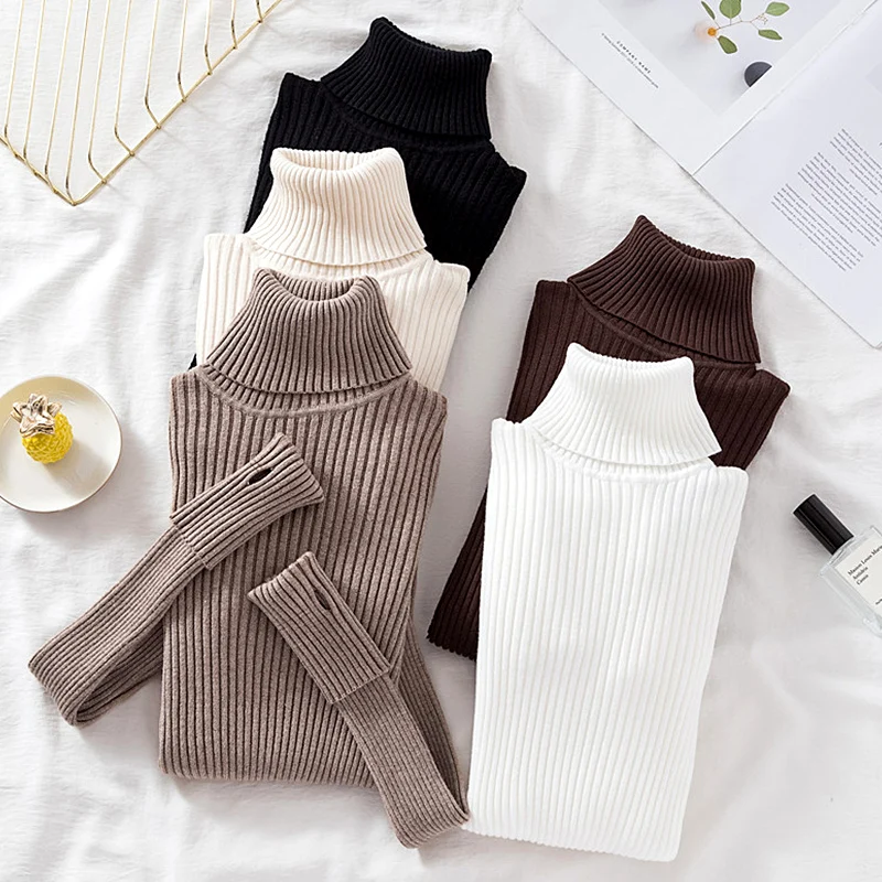 Осенний женский свитер тонкий мягкий вязаный пуловер с длинным рукавом и высоким