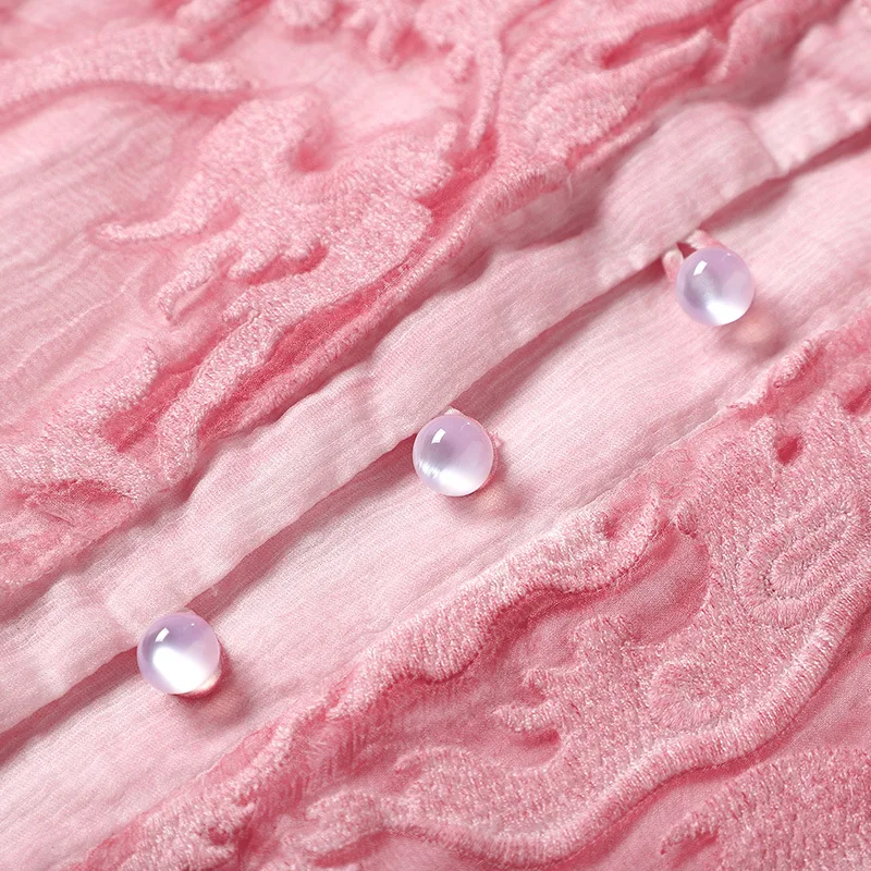 

Silk Dress Luxury 2021 Summer Fashionable Women Exquisite Embroidery Beading Buttons Deco 3/4 Sleeve Mid-Calf Pink Yellow Dress