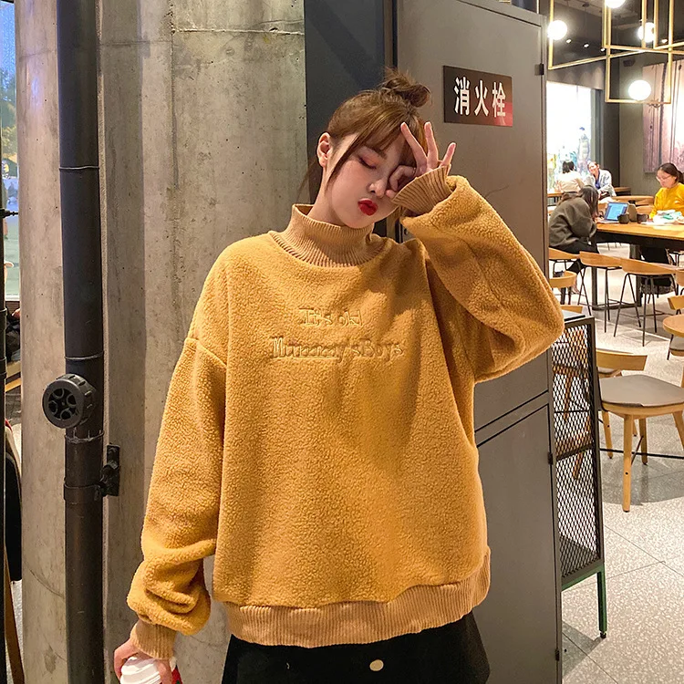 

2020 autumn and winter new plus plus thick loose thin coat wool high collar stitched lamb velvet guard girl