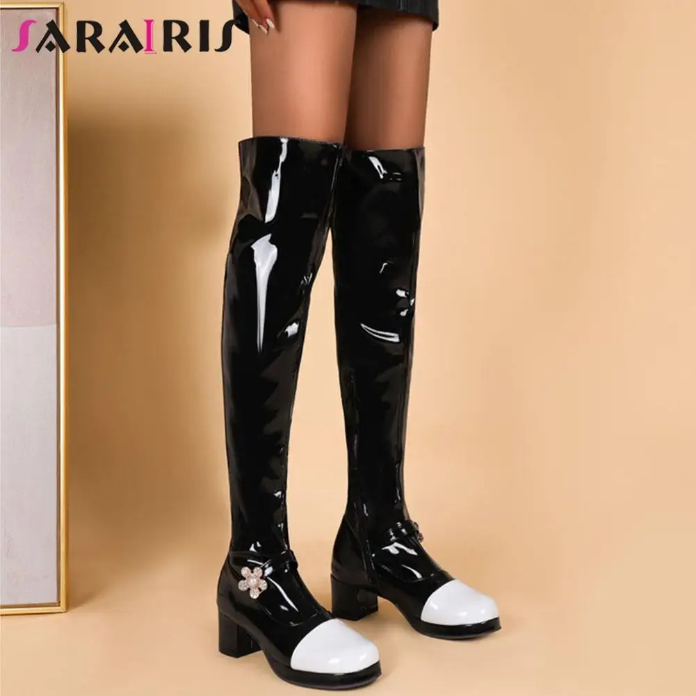 

2021 Autumn Brand Designer Sweet Shoes Over The Knee Boots Pu Patent Leather Platform Thick High Heels Flower Goth Thigh Boots