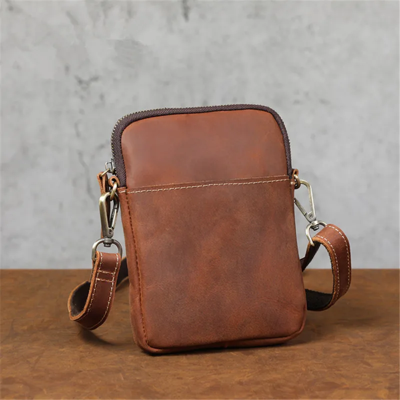 

Retro fashion high quality crazy horse leather men's mini shoulder messenger bag outdoor daily summer portable mobile phone bag