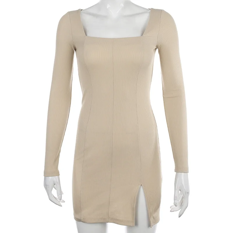 Elegant Square Neck Ribbed Female Dress Knitted Side Split Bodycon Women Long Sleeve Fashion Mini Dresses Basic Robe New | Женская
