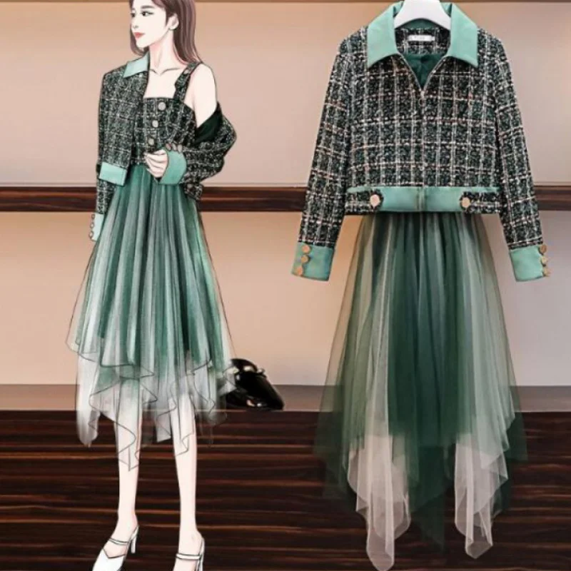 M 4XL размера плюс осень зима женские зеленые клетчатые твидовый жакет комплекты