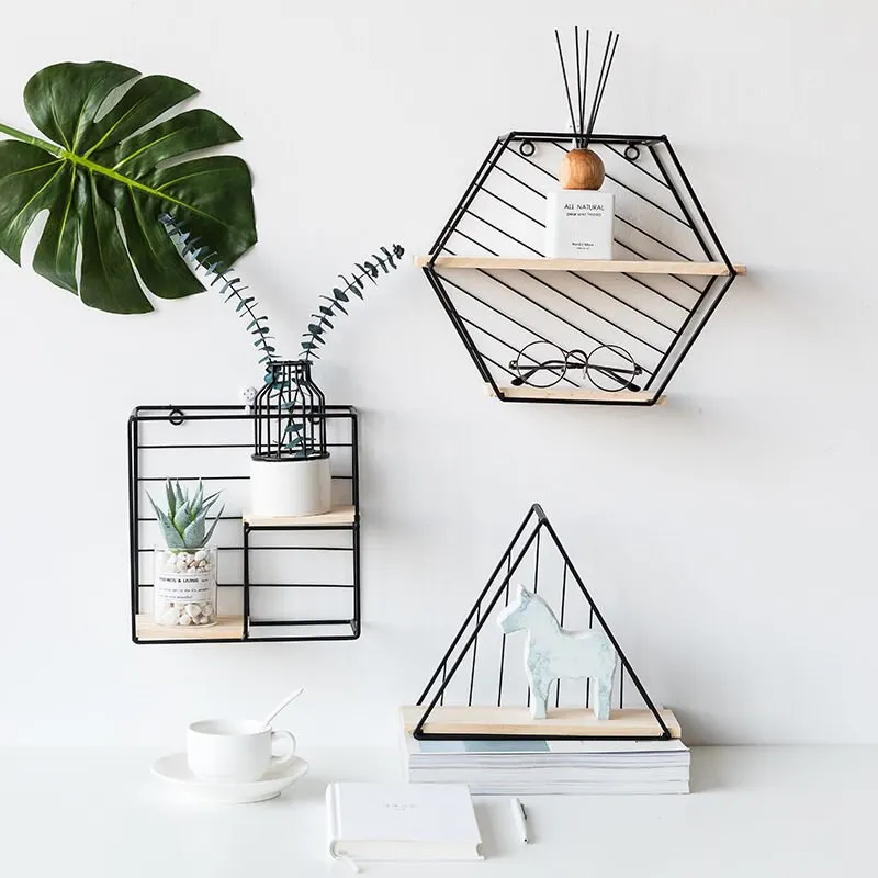 Скандинавский деревянный железный настенный стеллаж DIY сборка Геометрический