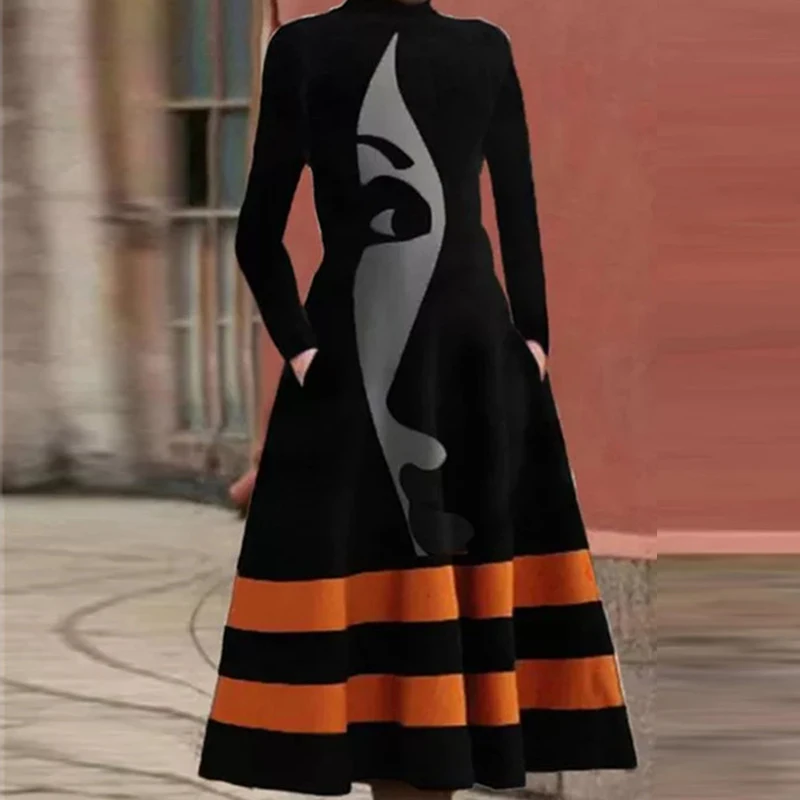 

Winter Vintage Slim Long Sleeve Party Dress Casual Patchwork Print Women Maxi Dress Autumn Elegant Turtleneck A-Line Long Dress
