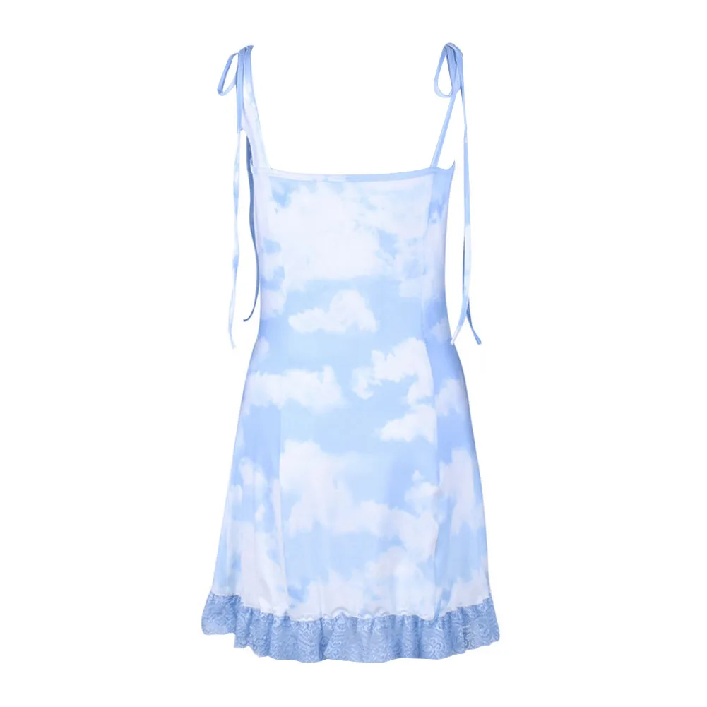

2021 New Womens Sexy Suspender Dress Summer Hot Fashion Cloud Print Lace up Ruffles Nightclub Short Dress