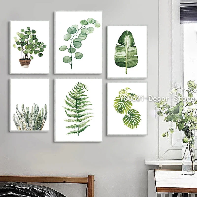 

Wall Art Canvas Painting Nordic Abstract Plant Green Leaves Posters and Prints Picture Modern Home Living Room Decor (No Frame)