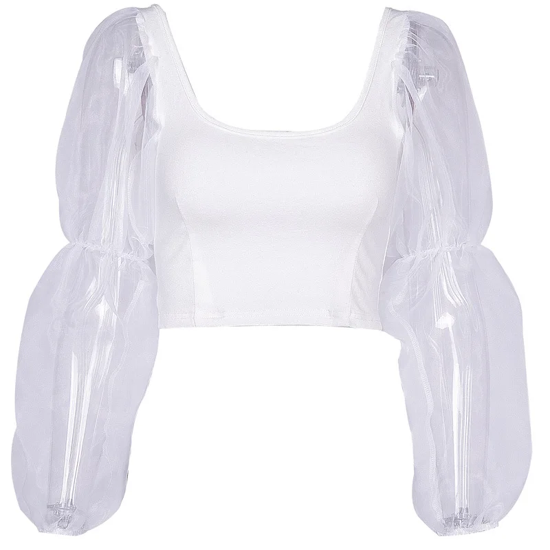 

women Sexy Mesh See Through Perspective Lantern Long Sleeve Crop Tops 2020 Autumn Women Patchwork Slim U-Neck T-Shirt Tees