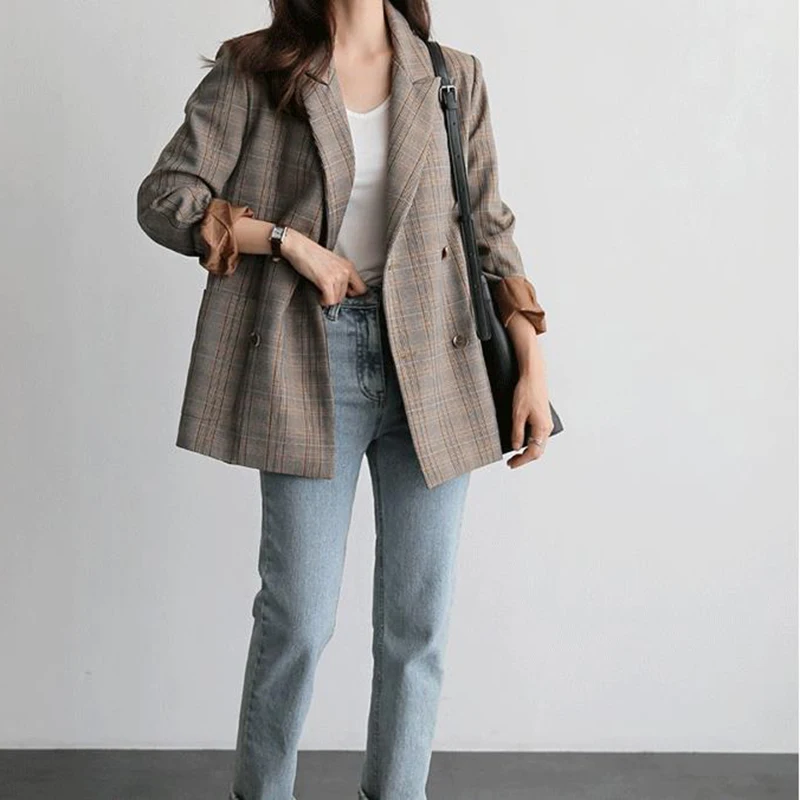 Зимний женский Блейзер Ретро стиль клетчатый костюм для женщин Модный