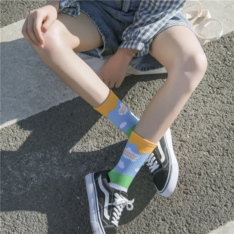 

Autumn winter Trendy Sports Women Breathable blue plaid cute cotton tube socks ladies Ice cream color ins check Sock female