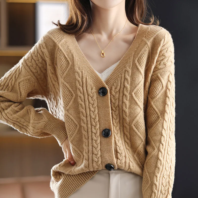 Spring, Autumn And Winter Women's Pure Wool Sweater, Hemp Flower V-Neck Cardigan Temperament Fashion Loose Knit, Chic Jacket