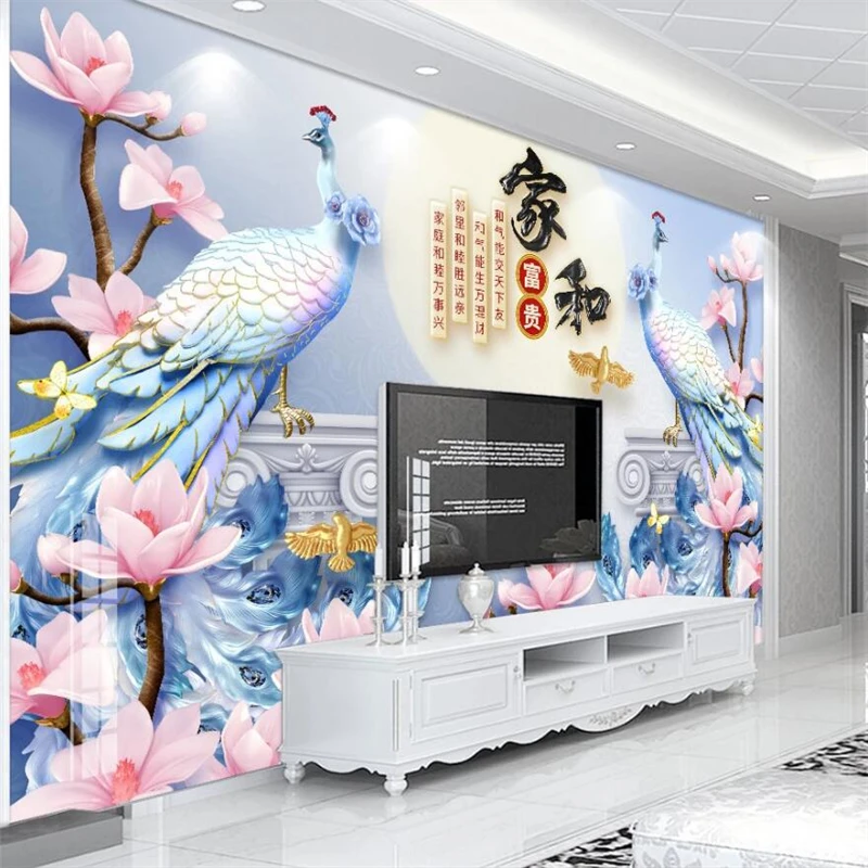 

Custom wallpaper home and rich 3D фотообои relief peacock magnolia flower TV background wall papers home decor 8d papel de pared