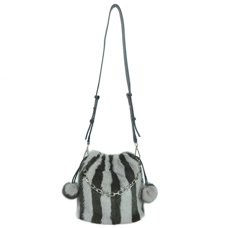 

FXFURS 2020 New Mink Fur Handbags Fashion Lady Single-Shoulder Bag with 2 Fur Balls High-End Striped Real Fur Wrist Bags Women