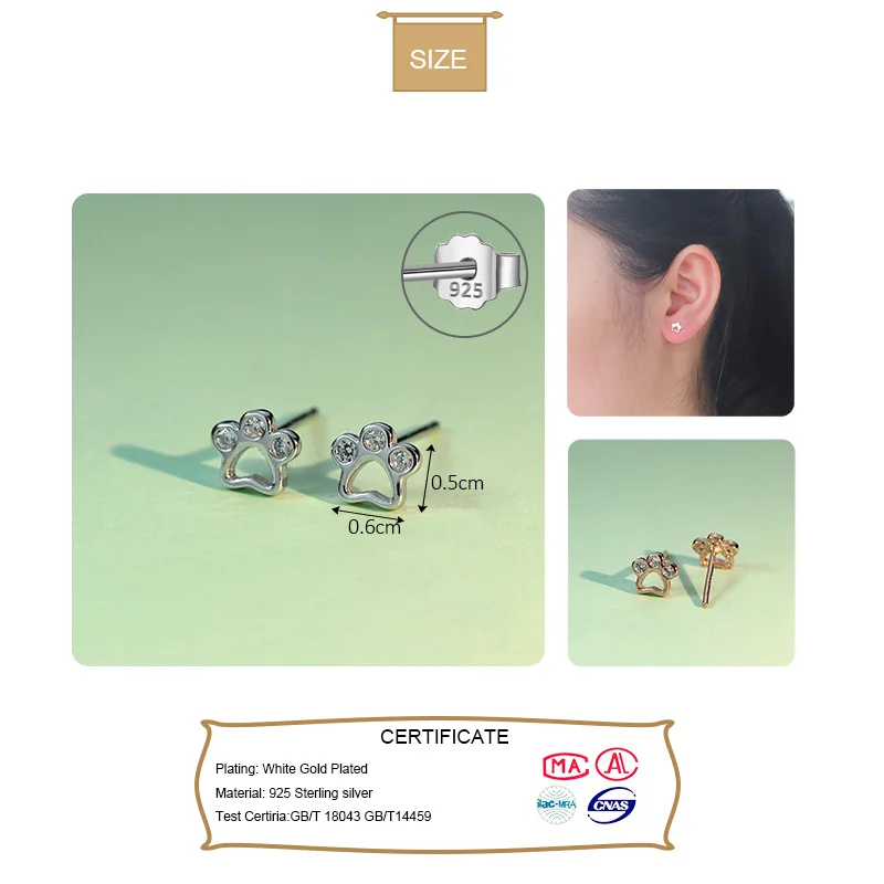 Женские серьги пусеты Trustdavis из 100% серебра 925 пробы с милой собачьей лапой