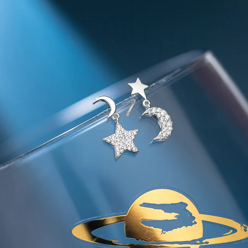 

925 Solid Sterling Silver Asymmetrical Star Moon Clear Crystal Zirconia Stud Earrings For Women Girls Teens Jewelry