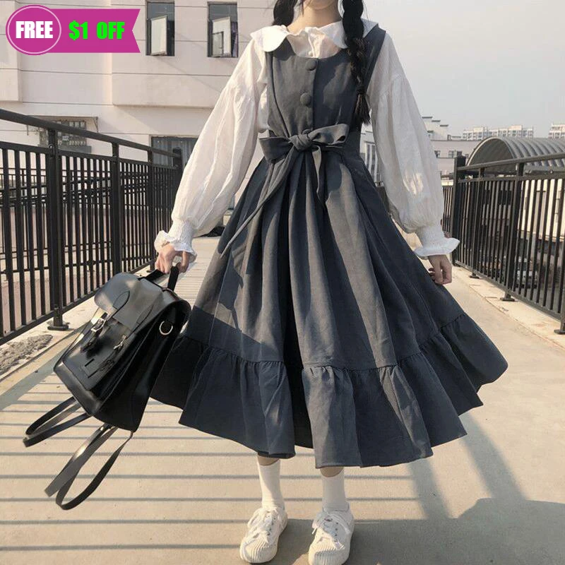 

Sweet Lolita Students Lolita Dress Jsk Sling Women Vintage Japanese Black Dark Gray Harajuku Dress Kawaii Cute Clothing 4XL