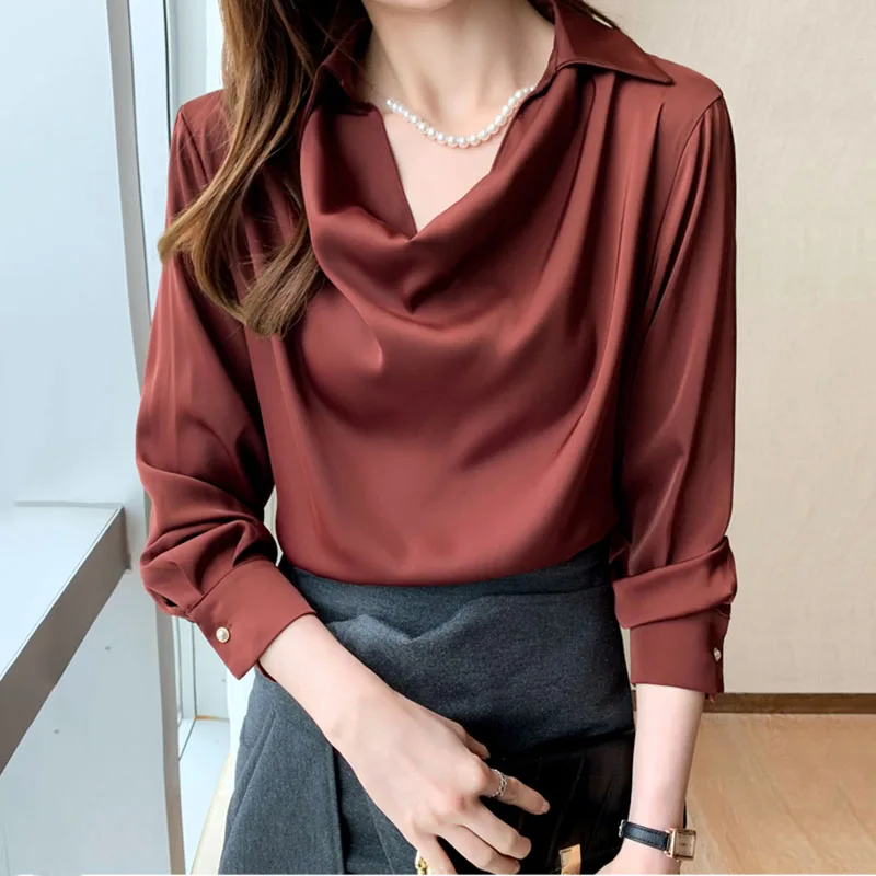

Spring 2022 Swinging Collar Chic Blouses Women Casual OL Summer Long Sleeve Chiffon Satin Shirt Tops Female
