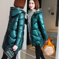 2021 women shiny down cotton jacket winter jackets warm mid long cotton padded casual hooded parkas overcoat female basic coat