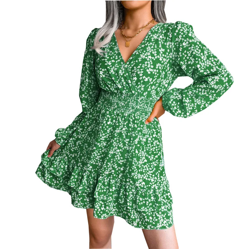 

2022 New Spring Summer Floral Print Casual Women's Dresses Ruffle Long Sleeve V-Neck Chiffon Mini Dress Female Clothing Vestidos