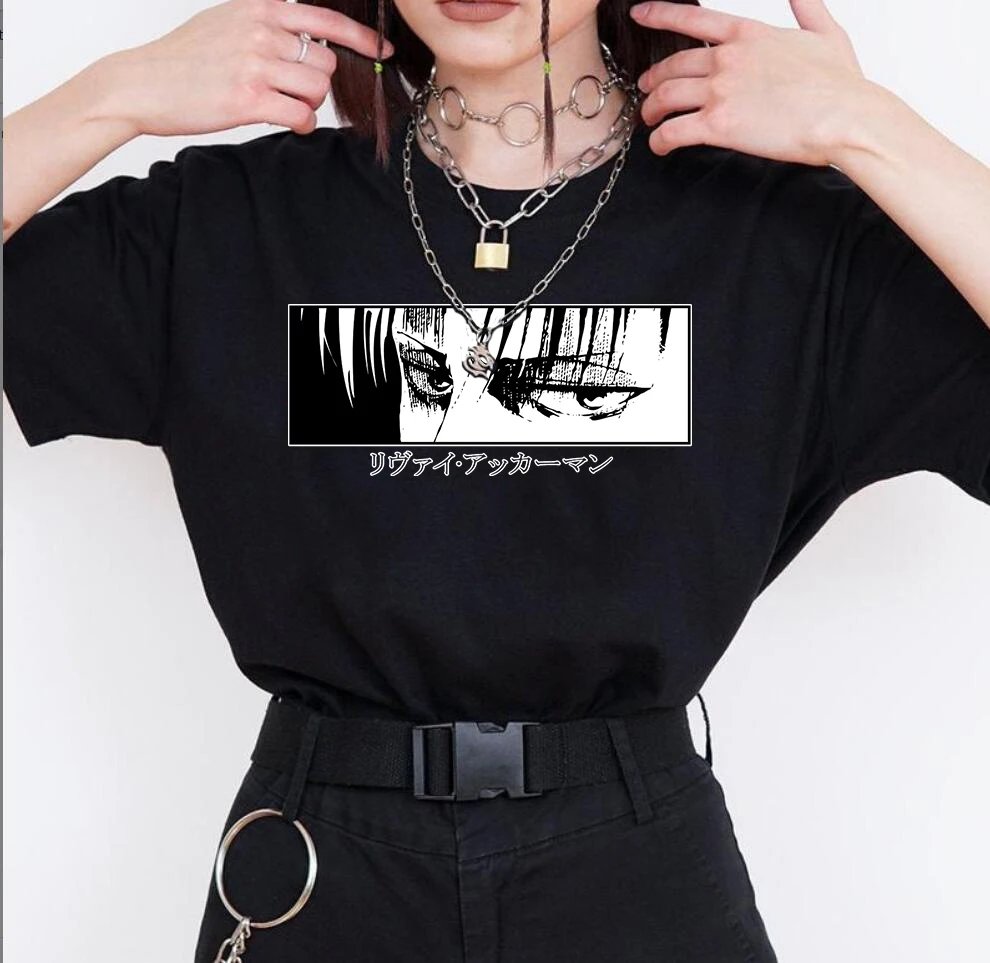 Аниме футболка атака на Титанов Levi · Ackerman глаз принт Темный Панк Топ ulzzang Harajuku