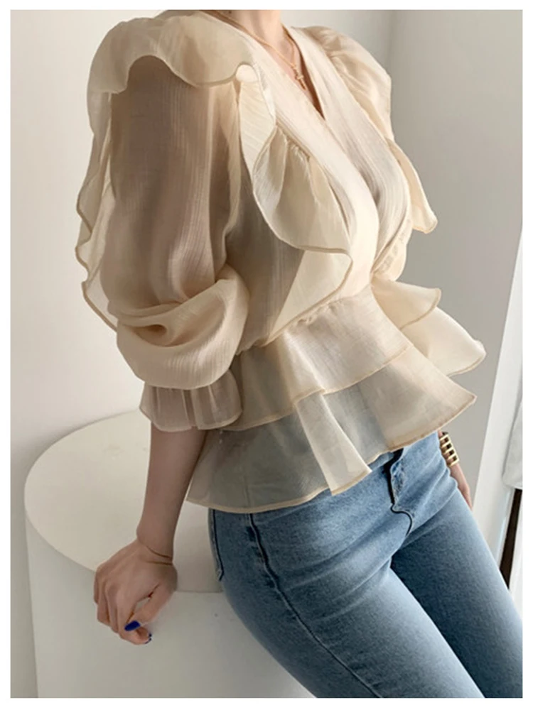 Блузка женская шифоновая с коротким рукавом и V образным вырезом|Блузки| |