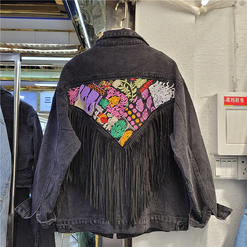 

Harajuku Style Denim Jacket Coat 2021 New Spring Autumn Retro Flower Embroidery Tassel All-match Loose Full Sleeve Black Jean