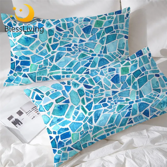 BlessLiving Blue Stone Pillowcase Watercolor Sleeping Pillow Case Geometric Bedding Mosaic Pillowcase Cover 2pcs 1